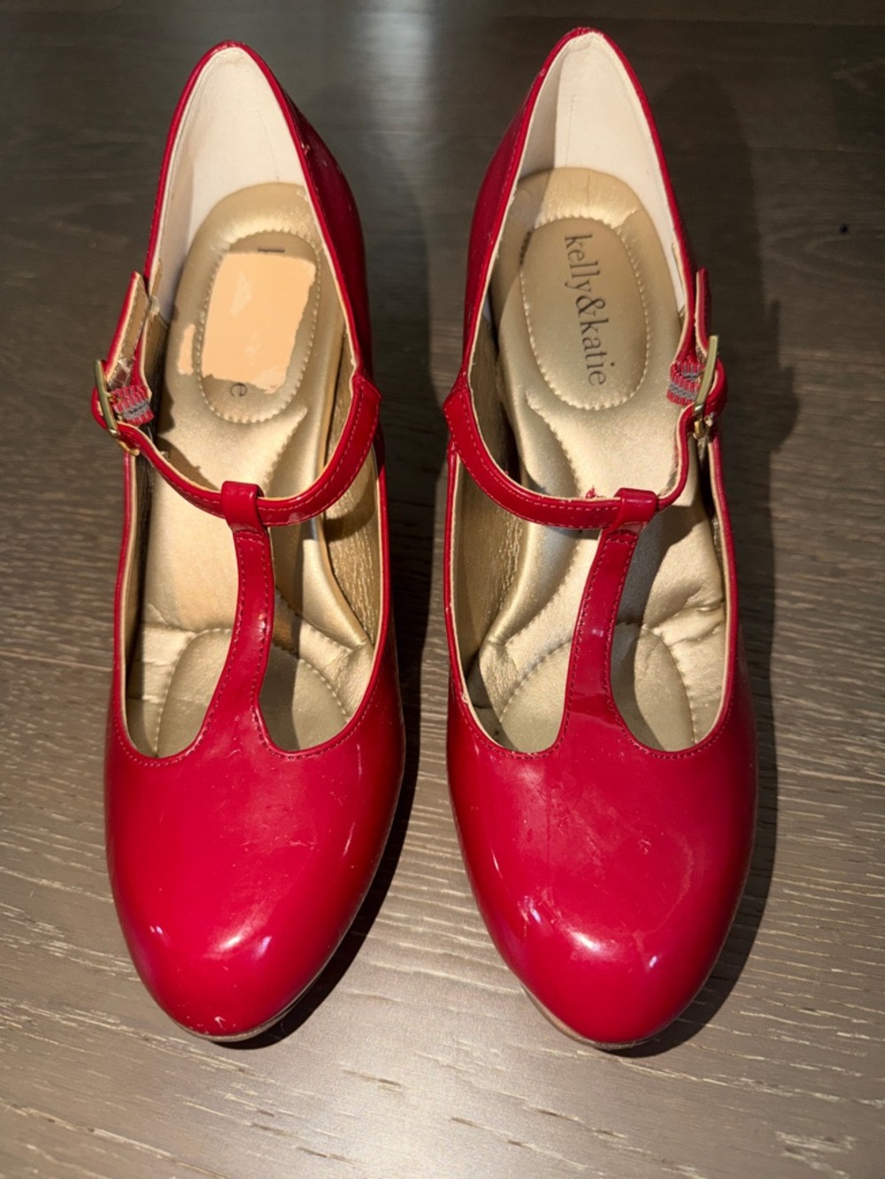 Kelly & Katie Red Patent T-Strap Pumps with Buckle